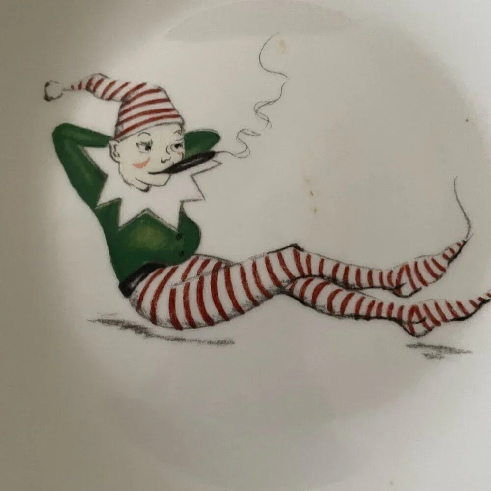 Restoration Hardware Christmas Naughty Elf 6 Salad Plates Boxed RARE Vintage